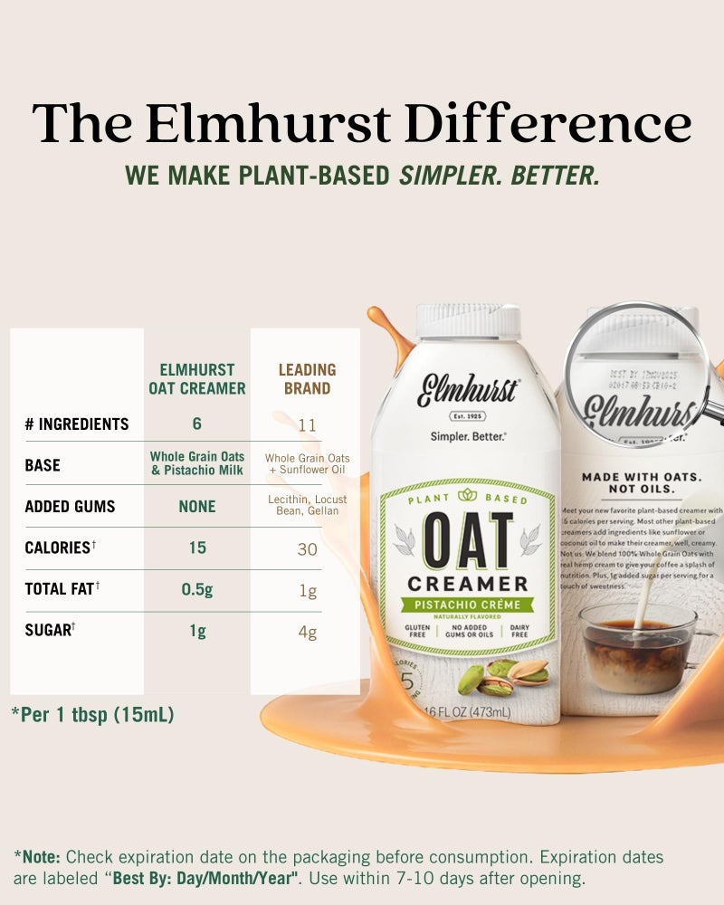 Elmhurst 1925 Pistachio Crème Oat Creamer - 16 Ounce (Pack of 6) Dairy-Free, Vegan, Kosher, Low Sugar, Shelf Stable Creamer Made with Oat Grains & Pistachios for Simpler Plant Based Alternatives - Image 5